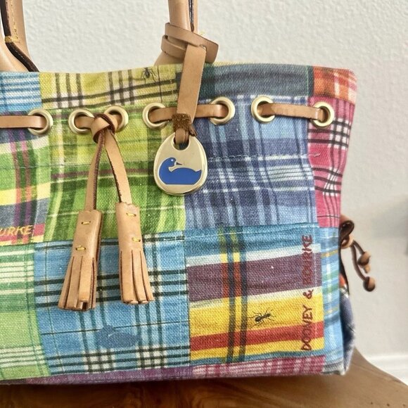 Dooney & Bourke Ants at Picnic Madras Plaid Canvas Leather Top Handle Bag Charm - Picture 3 of 14